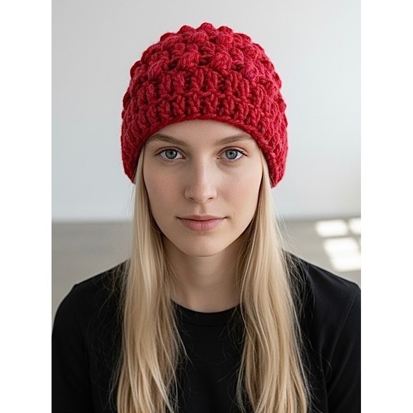 Handmade Accessories - Handmade Red Pink Chunky Knit Beanie Textured Bobble Stitch Winter Hat